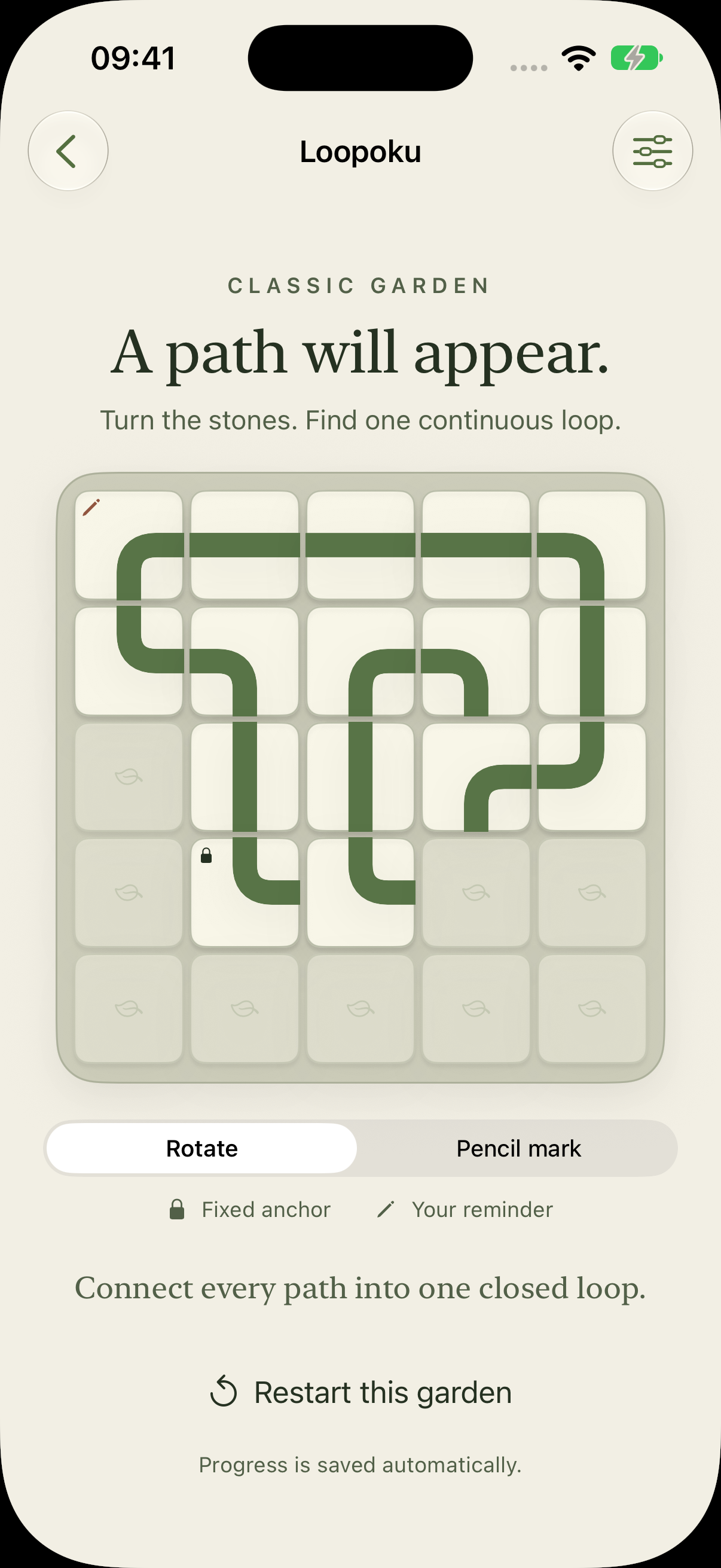 Loopoku native iPhone gameplay, with stone paths on a garden puzzle board