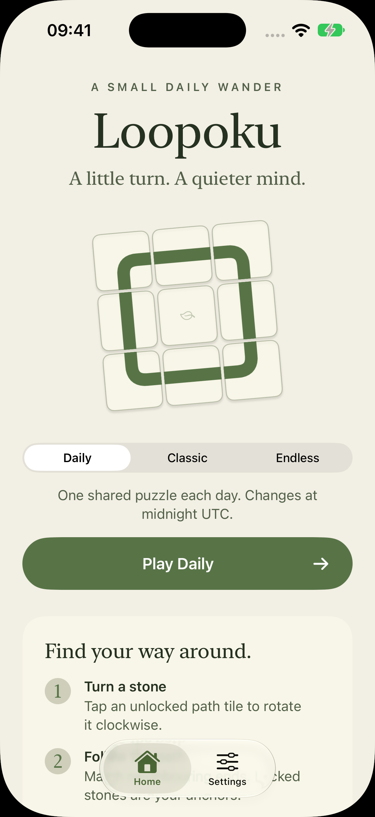 Loopoku native iPhone home screen and mode selection